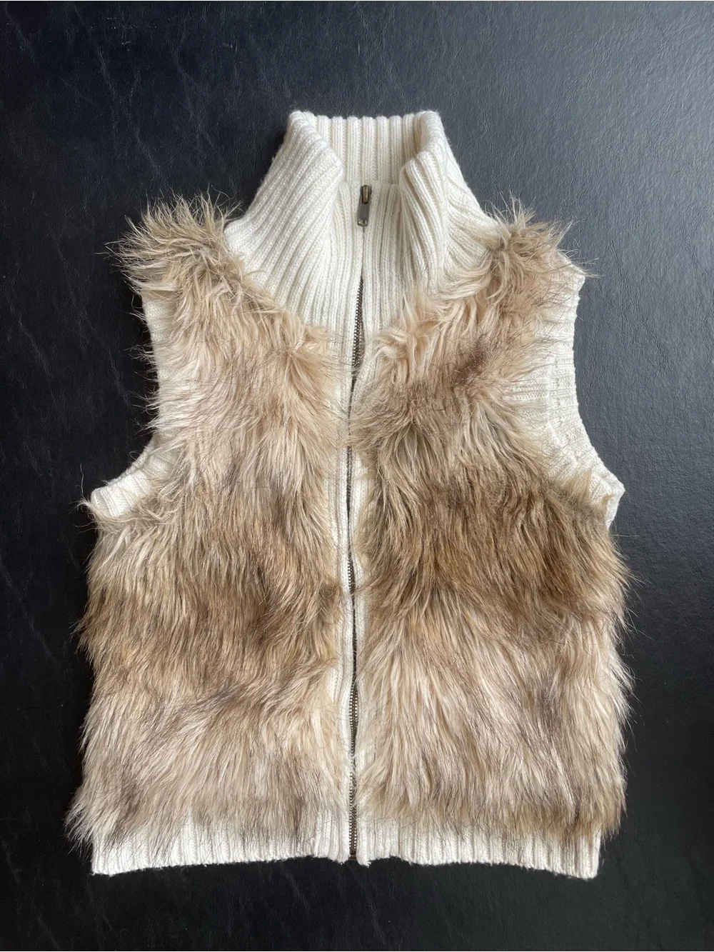 Justice Cream Cable Knit Vest with Faux Fur Trim